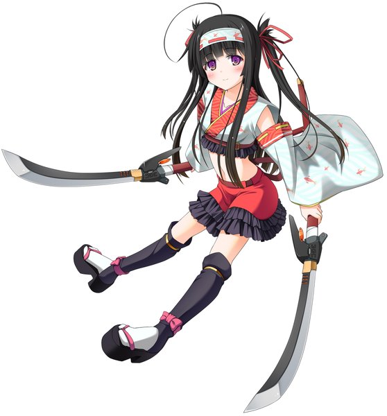 Anime picture 2230x2399 with original moeki yuuta single long hair tall image looking at viewer blush highres black hair simple background white background purple eyes traditional clothes midriff girl bow ribbon (ribbons) weapon hair ribbon detached sleeves