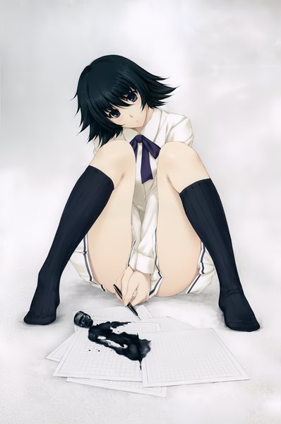Anime picture 2655x4000 with kara no shoujo innocent grey sugina miki single tall image looking at viewer fringe highres short hair light erotic black hair hair between eyes full body head tilt pleated skirt black eyes scan official art no shoes convenient censoring