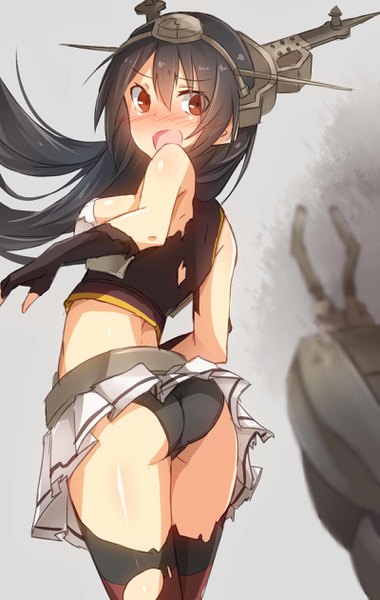 Anime picture 1600x2520 with kantai collection nagato battleship metindone single long hair tall image blush fringe open mouth light erotic black hair simple background hair between eyes brown eyes looking away pleated skirt looking back wind grey background midriff