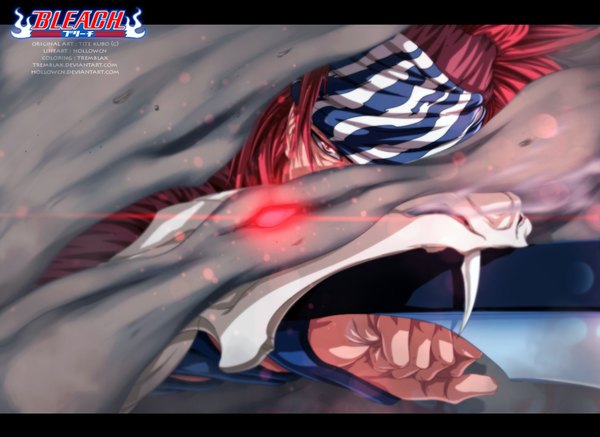 Anime picture 1024x746 with bleach studio pierrot abarai renji tremblax single long hair red hair pink eyes inscription coloring glowing letterboxed glowing eye (eyes) dust boy weapon sword bandana