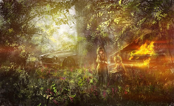 Anime picture 1400x853 with original lm7 (op-center) short hair red eyes wide image sitting multiple girls green hair girl dress 2 girls plant (plants) tree (trees) fire ground vehicle car piano