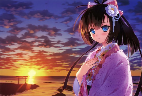 Anime picture 4614x3145 with carnelian single looking at viewer blush highres short hair blue eyes black hair smile absurdres sky cloud (clouds) upper body traditional clothes japanese clothes hair flower evening sunset girl hair ornament