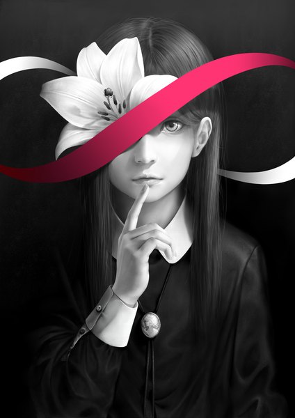 Anime picture 2121x3000 with original bouno satoshi single long hair tall image looking at viewer highres simple background upper body long sleeves fingernails realistic finger to mouth black background monochrome covering eye (eyes) spot color flower over eye girl dress