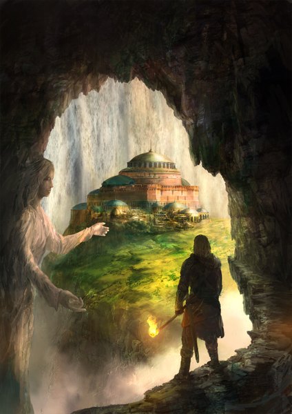 Anime picture 1000x1414 with original you shimizu single long hair tall image standing holding from behind city landscape boy weapon sword armor flame gauntlets statue cave torch