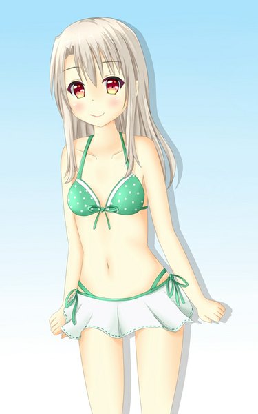 Anime picture 500x800 with fate (series) fate/kaleid liner prisma illya type-moon illyasviel von einzbern tear yu single long hair tall image blush fringe breasts simple background smile red eyes standing yellow eyes grey hair girl navel swimsuit