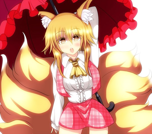 Anime picture 1416x1253 with touhou yakumo ran merry (diameri) single blush short hair open mouth blonde hair yellow eyes fox ears fox tail fox girl multiple tails girl umbrella