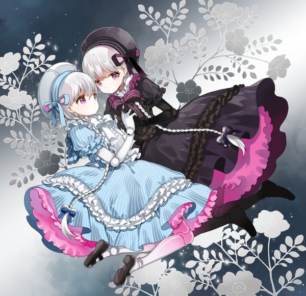 Anime picture 1200x1162 with fate (series) fate/extra nursery rhyme (fate/extra) alice (fate/extra) shiosoda long hair looking at viewer fringe simple background blonde hair purple eyes multiple girls bent knee (knees) white hair braid (braids) loli puffy sleeves holding hands frilled dress twins