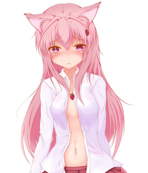Anime picture 1810x2126 with original neguse2525 long hair tall image blush highres light erotic simple background white background animal ears pink hair pink eyes cat ears open clothes open shirt girl navel
