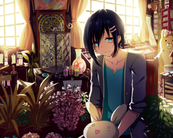 Anime picture 1280x1024 with original isumi (yangyan) single looking at viewer blush short hair blue eyes black hair girl flower (flowers) plant (plants) toy stuffed animal stuffed toy stuffed rabbit