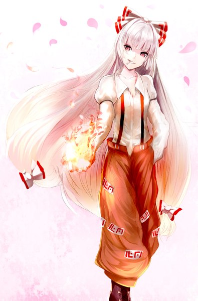 Anime picture 1000x1519 with touhou fujiwara no mokou asyde single long hair tall image looking at viewer highres smile white background silver hair head tilt pink eyes puffy sleeves magic hand in pocket smirk girl bow ribbon (ribbons)