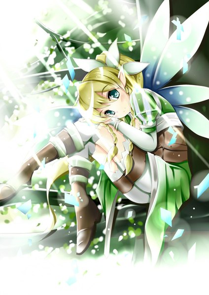 Anime picture 1500x2121 with sword art online a-1 pictures leafa yuuki nagisa single long hair tall image looking at viewer fringe blonde hair braid (braids) aqua eyes pointy ears sunlight twin braids elf girl plant (plants) wings boots