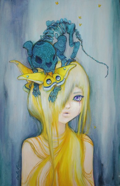 Anime picture 1036x1600 with camilladerrico single tall image fringe simple background purple eyes bare shoulders white hair very long hair hair over one eye tears skeleton girl insect butterfly