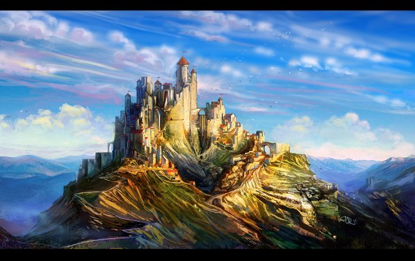 Anime picture 1280x805 with anndr (artist) sky cloud (clouds) city cityscape mountain landscape framed panorama animal bird (birds) building (buildings) stairs flag castle bridge road tower arch