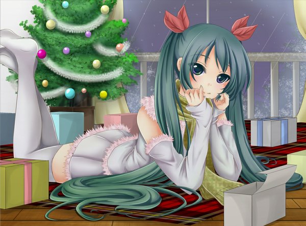 Anime picture 1081x800 with vocaloid hatsune miku iname single looking at viewer twintails very long hair aqua hair christmas head rest multicolored eyes girl thighhighs dress bow hair bow detached sleeves white thighhighs scarf gift