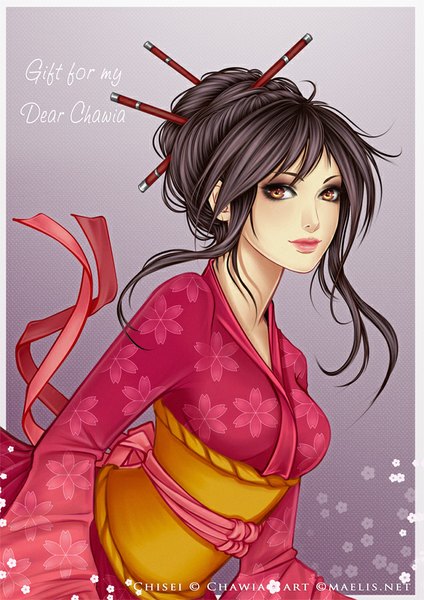 Anime picture 636x900 with original m-aelis single long hair tall image looking at viewer breasts black hair simple background traditional clothes japanese clothes lips orange eyes girl kimono