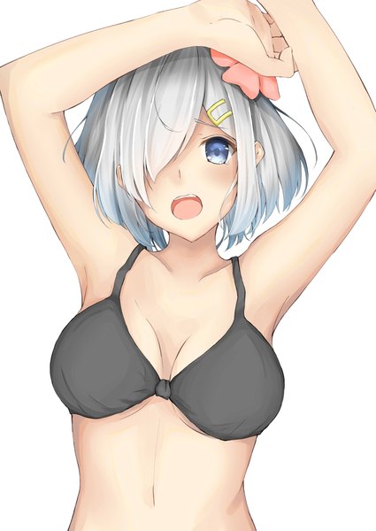 Anime picture 3224x4553 with kantai collection hamakaze destroyer kaze hajime single tall image looking at viewer blush fringe highres short hair breasts open mouth blue eyes light erotic simple background white background absurdres silver hair upper body hair flower