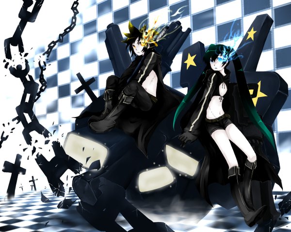 Anime picture 1280x1024 with black rock shooter vocaloid hatsune miku kagamine len nekos long hair looking at viewer short hair blue eyes black hair twintails yellow eyes green hair glowing gradient hair glowing eye (eyes) checkered floor cosplay floor crossover