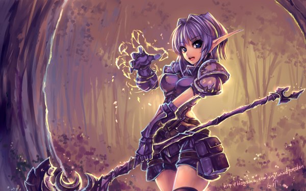 Anime picture 1280x800 with world of warcraft blizzard entertainment windforcelan single looking at viewer short hair breasts open mouth blue eyes purple hair pointy ears magic elf girl gloves armor staff spaulder (spaulders)
