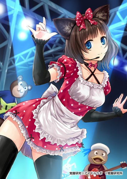 Anime picture 710x1000 with original kazuharu kina tall image looking at viewer short hair blue eyes black hair animal ears light smile cat ears girl thighhighs dress bow black thighhighs hair bow detached sleeves headphones