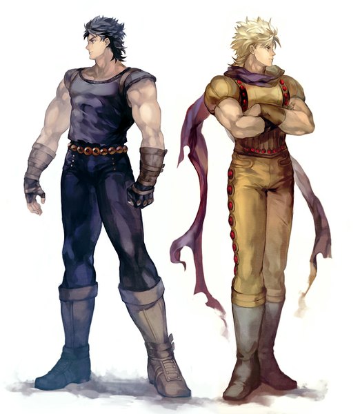 Anime picture 740x850 with jojo no kimyou na bouken dio brando jonathan joestar oburaato tall image short hair black hair simple background blonde hair standing white background looking away profile multiple boys crossed arms muscle boy gloves scarf fingerless gloves