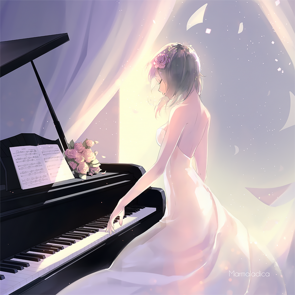 Anime picture 1200x1200 with vocaloid gumi marmalade (elfless vanilla) single short hair smile standing bare shoulders signed eyes closed profile hair flower wind grey hair from behind backlighting girl dress flower (flowers) white dress