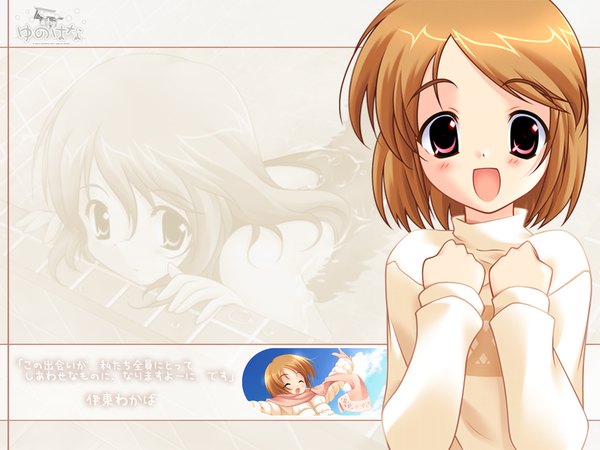 Anime picture 1280x960 with yunohana itou wakaba fujiwara warawara single blush short hair open mouth smile red eyes brown hair wallpaper text girl