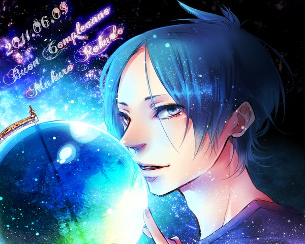 Anime picture 1280x1024 with katekyou hitman reborn rokudo mukuro defect27 single short hair blue hair inscription heterochromia glowing boy globe