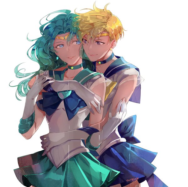 Anime picture 1000x995 with bishoujo senshi sailor moon toei animation kaiou michiru tenou haruka sailor neptune sailor uranus funpjinju long hair short hair blue eyes blonde hair smile purple eyes multiple girls signed looking away pleated skirt green hair couple hug