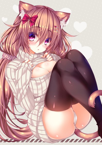 Anime picture 841x1200 with original liliko (ooji cha) ojitcha single long hair tall image looking at viewer blush fringe light erotic simple background hair between eyes brown hair sitting purple eyes twintails animal ears cleavage bent knee (knees) tail
