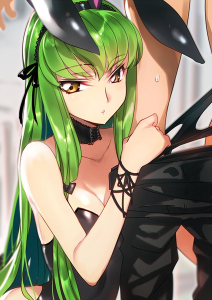 Anime picture 600x848 with code geass sunrise (studio) c.c. creayus long hair tall image blush breasts light erotic bare shoulders animal ears yellow eyes looking away cleavage parted lips green hair shadow sweat bunny ears legs