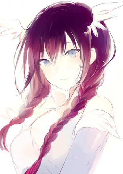 Anime picture 600x847 with original lpip single long hair tall image blush fringe breasts blue eyes simple background smile hair between eyes white background bare shoulders payot cleavage purple hair braid (braids) long sleeves parted lips