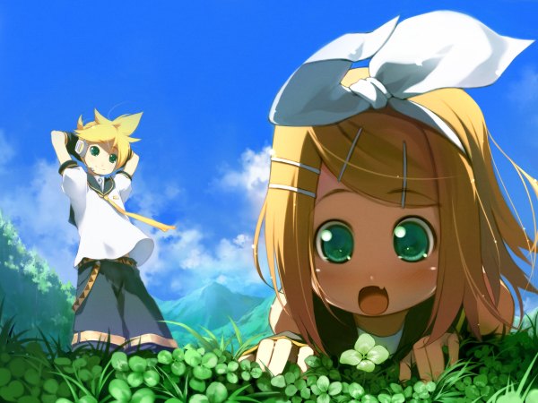 Anime picture 1200x900 with vocaloid kagamine rin kagamine len chinchickrin girl clover (plant)