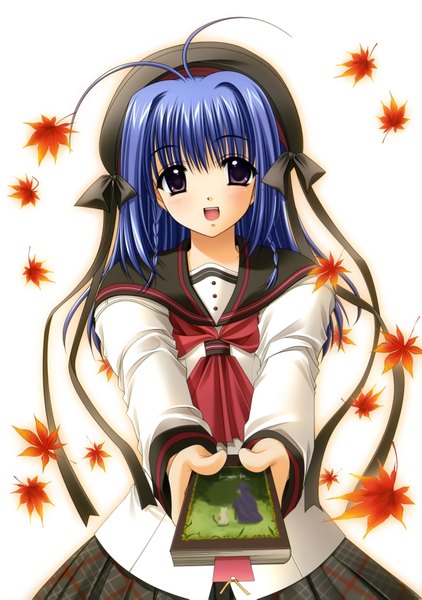 Anime picture 2443x3477 with nishimata aoi long hair tall image highres open mouth purple eyes blue hair absurdres girl serafuku leaf (leaves)