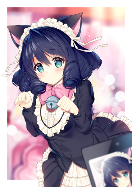Anime picture 600x847 with show by rock!! studio bones cyan (show by rock!!) necomi (gussan) single tall image looking at viewer blush fringe short hair breasts black hair hair between eyes standing white background holding animal ears aqua eyes blurry cat ears