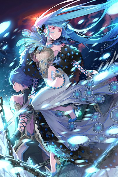 Anime picture 795x1193 with sword girls luthica preventer c.seryl long hair tall image short hair blue eyes red eyes twintails blue hair looking away girl dress boy weapon petals sword katana fur chain