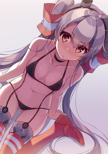 Anime picture 562x800 with kantai collection amatsukaze destroyer kureaki (exit) single long hair tall image blush breasts light erotic sitting twintails brown eyes from above grey hair wariza ass visible through thighs :< girl thighhighs navel