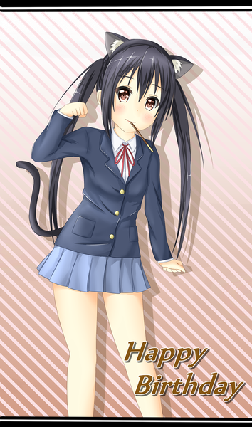 Anime picture 709x1200 with k-on! kyoto animation nakano azusa tear yu single long hair tall image looking at viewer blush fringe black hair simple background brown eyes animal ears tail animal tail light smile cat ears cat girl cat tail