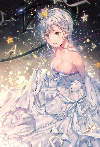 Anime picture 560x825 with idolmaster idolmaster cinderella girls anastasia (idolmaster) dsmile single tall image looking at viewer blush short hair breasts blue eyes light erotic bare shoulders silver hair no bra girl dress gloves choker elbow gloves