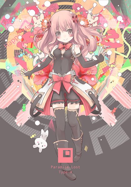 Anime picture 1000x1429 with original nanashina (artist) single long hair tall image looking at viewer blush smile bare shoulders pink hair pink eyes > < girl thighhighs black thighhighs detached sleeves animal shorts boots bunny