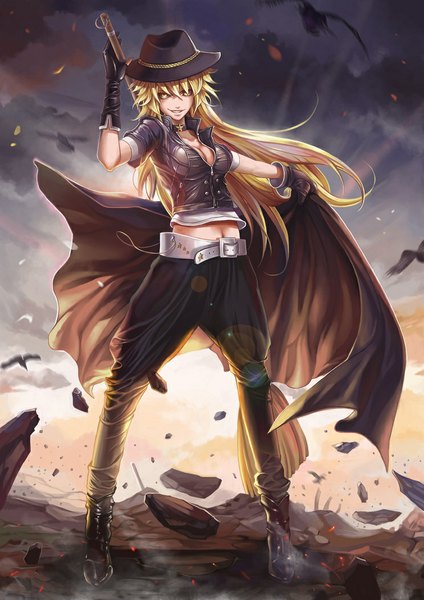 Anime picture 744x1053 with touhou kirisame marisa dantewontdie single long hair tall image looking at viewer blonde hair yellow eyes alternate costume grin girl gloves navel hat animal belt bird (birds) cape pants