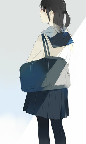 Anime picture 480x800 with original thomas (pixiv 6378) single tall image short hair black hair simple background looking away profile from behind grey background half updo girl uniform pantyhose glasses serafuku scarf school bag