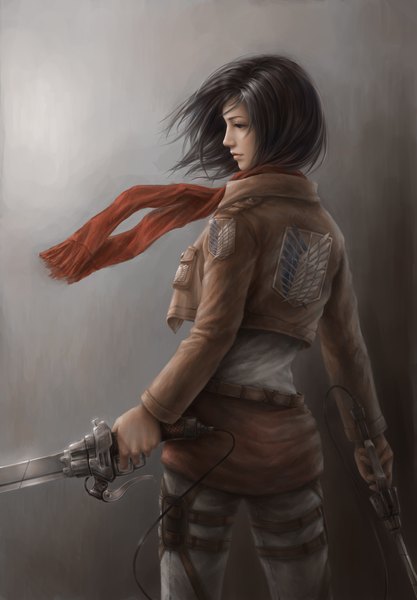 Anime picture 1250x1796 with shingeki no kyojin production i.g mikasa ackerman jxbp single tall image short hair black hair simple background standing holding profile wind lips from behind black eyes realistic grey background back dual wielding