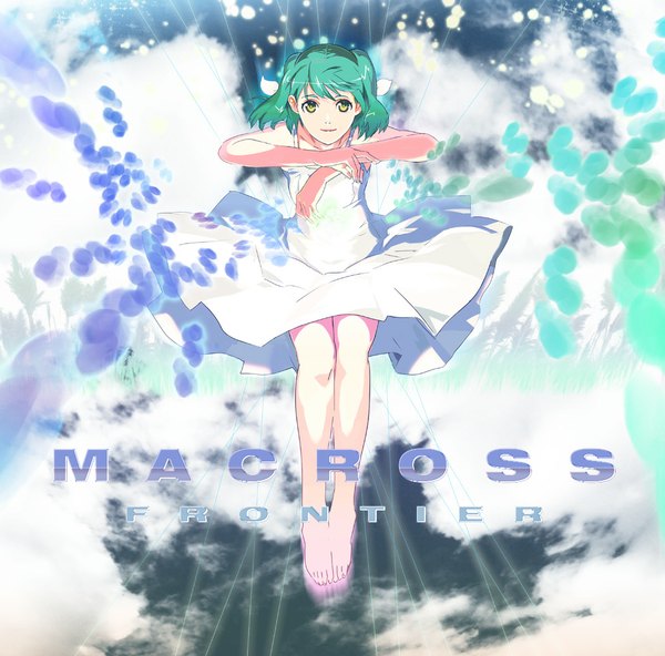 Anime picture 1000x987 with macross macross frontier ranka lee 119 single looking at viewer short hair yellow eyes barefoot green hair light smile inscription copyright name girl sundress
