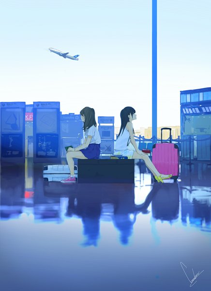 Anime picture 853x1173 with original loundraw long hair tall image fringe black hair brown hair sitting bare shoulders multiple girls signed sky profile reflection girl skirt 2 girls aircraft airplane suitcase