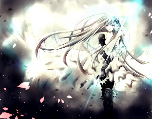 Anime picture 1000x787 with vocaloid megurine luka aonoe single long hair looking at viewer blonde hair red eyes standing bare shoulders holding glowing girl weapon petals armor scythe