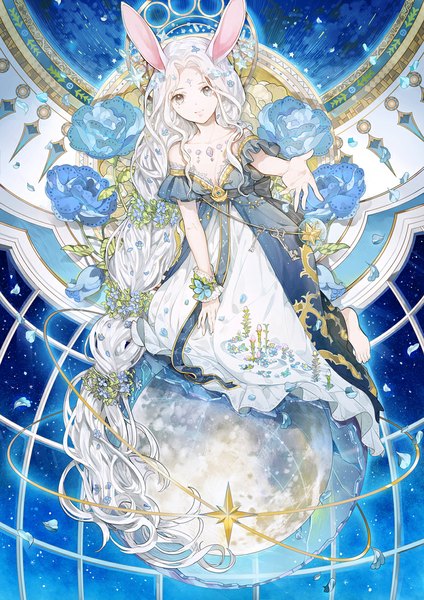 Anime picture 800x1131 with original flowerchorus single tall image looking at viewer smile animal ears sky white hair very long hair barefoot grey eyes bunny ears outstretched arm girl dress flower (flowers) petals rose (roses) star (stars)