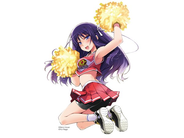 Anime picture 1024x768 with haga yui long hair blue eyes purple hair jumping cheerleader bike shorts pompon