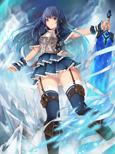 Anime picture 1000x1333 with original crystalherb single long hair tall image looking at viewer blush fringe blue eyes light erotic smile hair between eyes standing holding blue hair sky cloud (clouds) multicolored hair from behind pantyshot