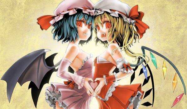 Anime picture 2000x1172 with touhou flandre scarlet remilia scarlet asanagi highres short hair open mouth blonde hair red eyes wide image bare shoulders multiple girls blue hair teeth loli fang (fangs) bat wings vampire heart hands girl