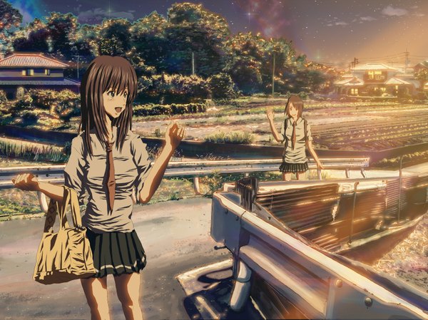 Anime picture 1607x1205 with original houjou takasi highres brown hair light landscape sunbeam skirt necktie star (stars)